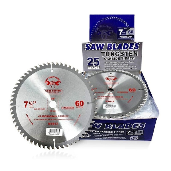 Grip Tight Tools 7-1/4-inch Classic 60-Tooth Tungsten Carbide Tipped Circular Saw Blade, Wood Cutting, 25PK N1613-25 - main